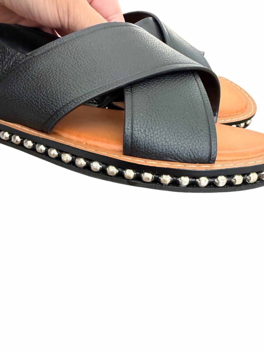 Vince Camuto Black Leather Cross-Strap Slingback Sandals with Stud Trim - Picture 4 of 8